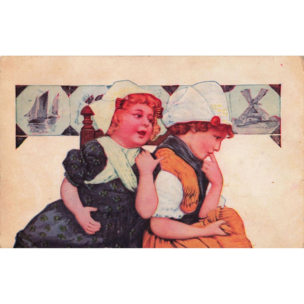 Vintage Postcard Dutch Children Windmill Sailboat Netherlands Divided Back